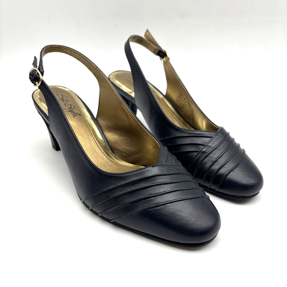 Soft Style 'Pleats as Punch' Navy Faux Leather Slingback Block Heel Pumps 7.5W